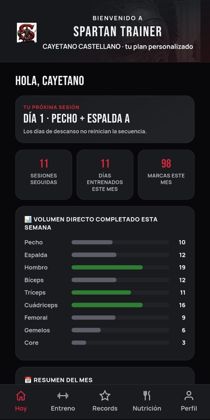 Pantalla principal de Spartan Trainer: próxima sesión, sesiones seguidas, marcas del mes y volumen por grupo muscular