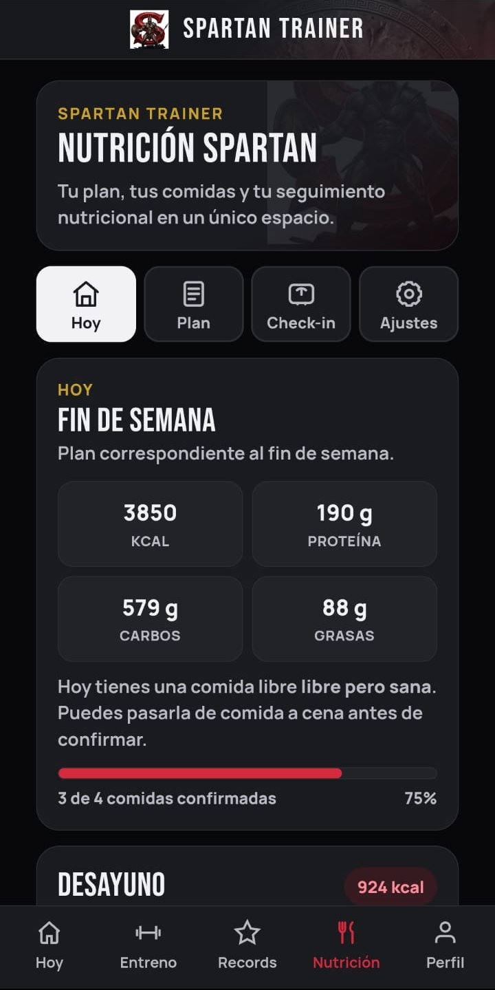Pantalla de nutrición de Spartan Trainer con las calorías, la proteína, los carbohidratos y las grasas del día y las comidas confirmadas