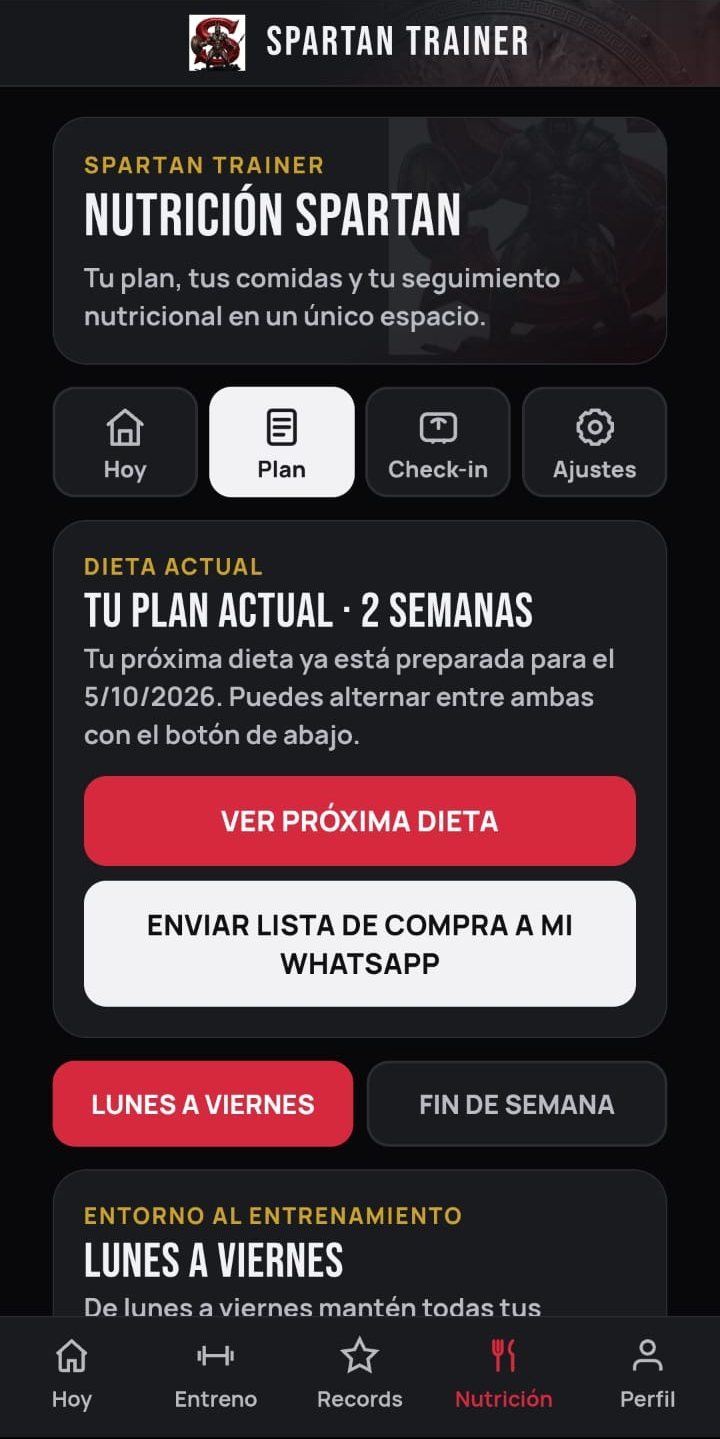 Pantalla de nutrición de Spartan Trainer con el plan actual, la próxima dieta y el botón de enviar la lista de la compra a WhatsApp