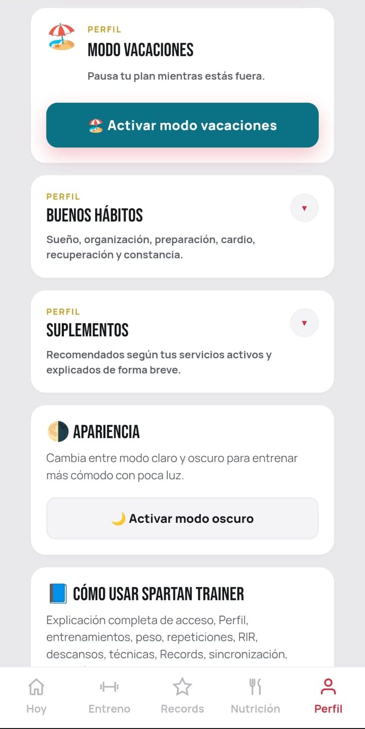 Pantalla de perfil de Spartan Trainer con el modo vacaciones, los buenos hábitos, los suplementos y el cambio entre modo claro y oscuro