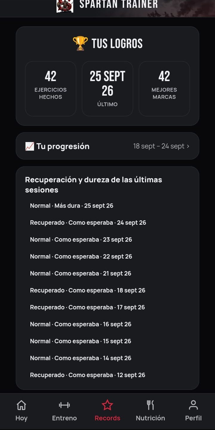 Pantalla de logros de Spartan Trainer con los ejercicios hechos, las mejores marcas y el historial de recuperación