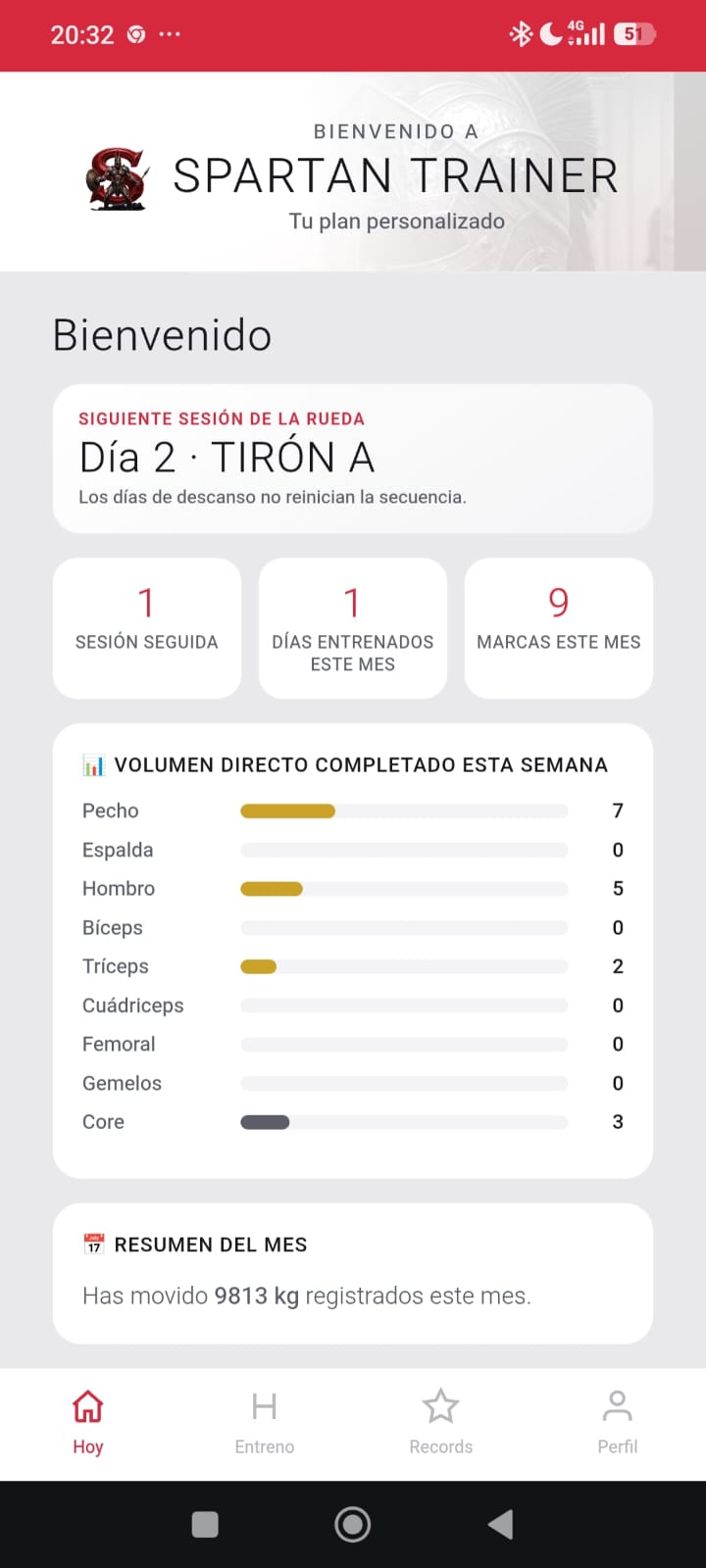 Pantalla principal de Spartan Trainer con siguiente sesión, volumen semanal y resumen del mes