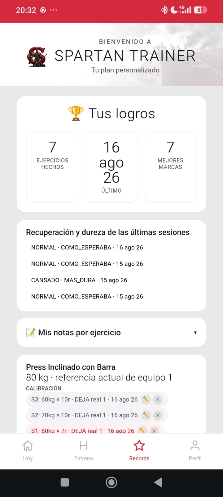 Pantalla de Spartan Trainer con logros, recuperación y notas por ejercicio