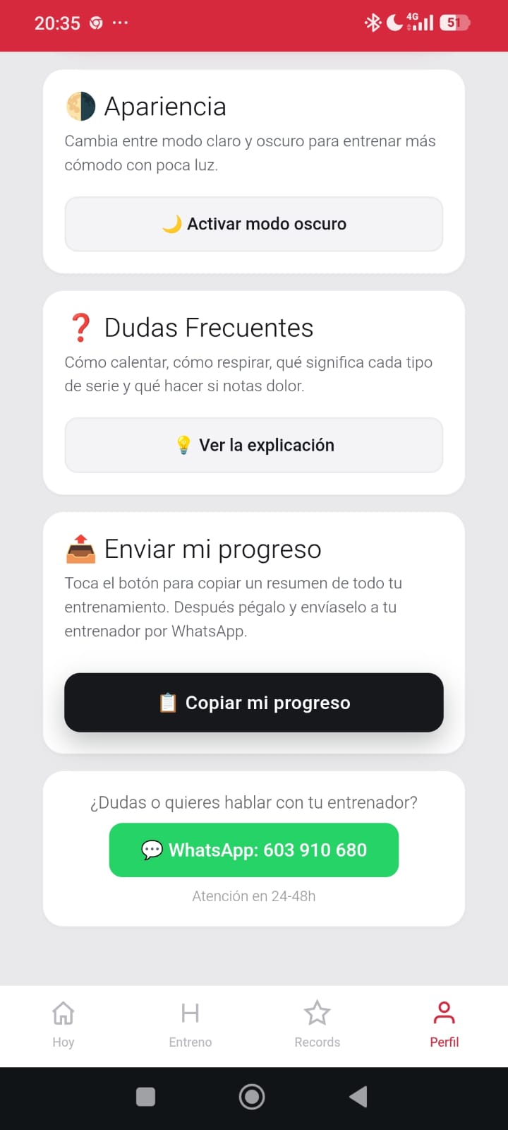 Pantalla de Spartan Trainer para copiar el progreso y enviar seguimiento por WhatsApp